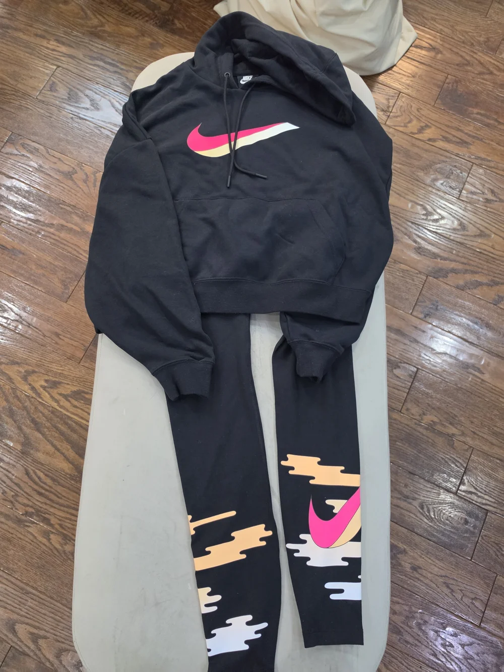 Women's Nike, Black Colorful Graphic Leggings & Hoodie With Pink Swooshes